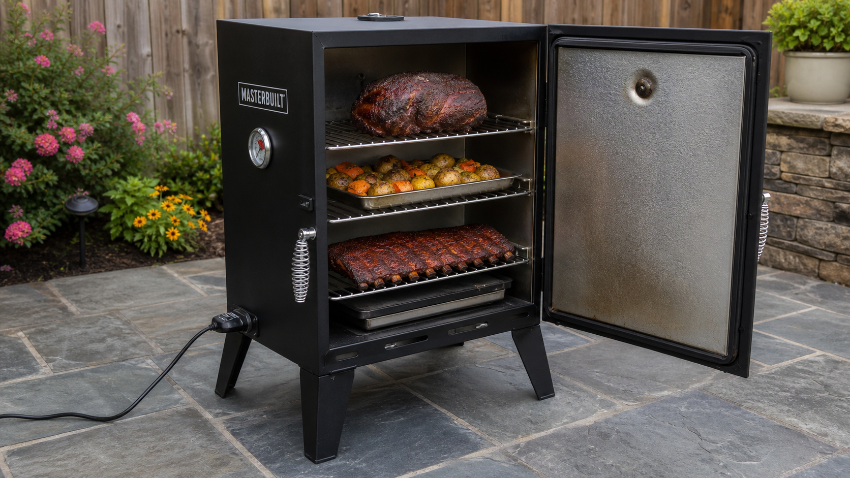 Masterbuilt 30-inch analog electric smoker on outdoor backyard patio deck