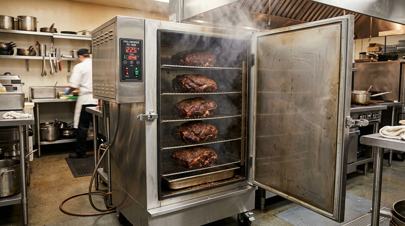 SmokinTex 1500-CXLD commercial electric smoker in restaurant kitchen loaded with 5 pork butts on stainless racks