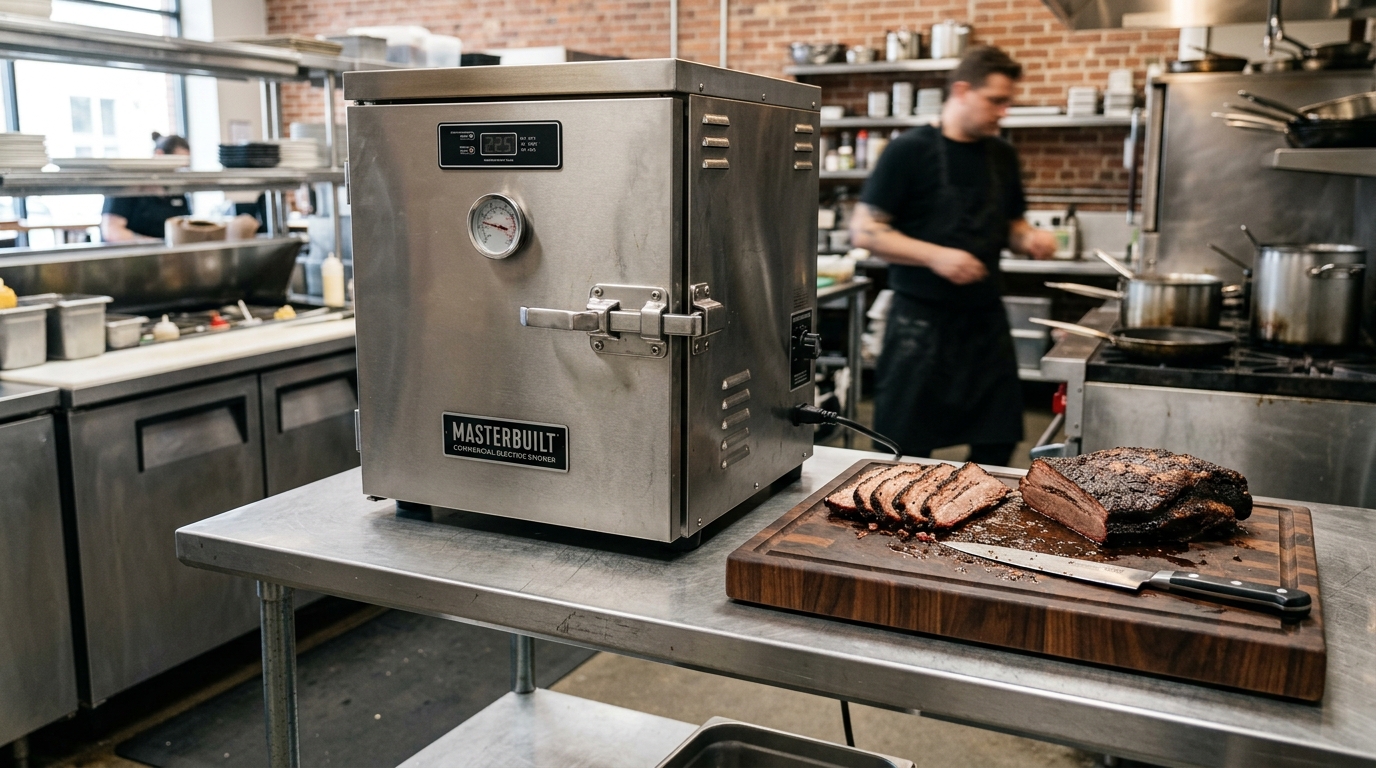 SmokinTex Pitmaster compact commercial electric smoker on stainless kitchen prep table next to smoked brisket