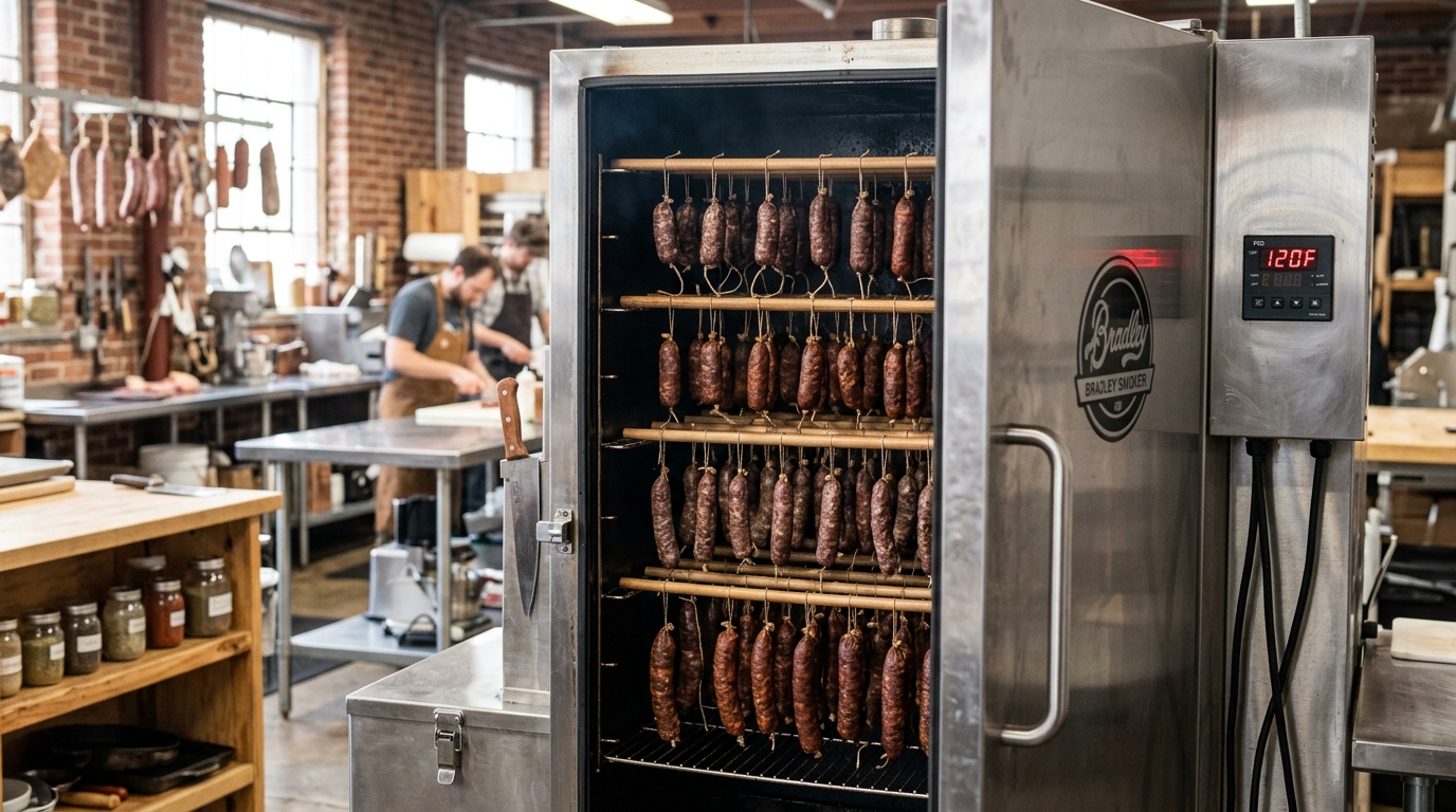 The Sausage Maker 30 lb Digital Smoker with hanging sausages and PID controller